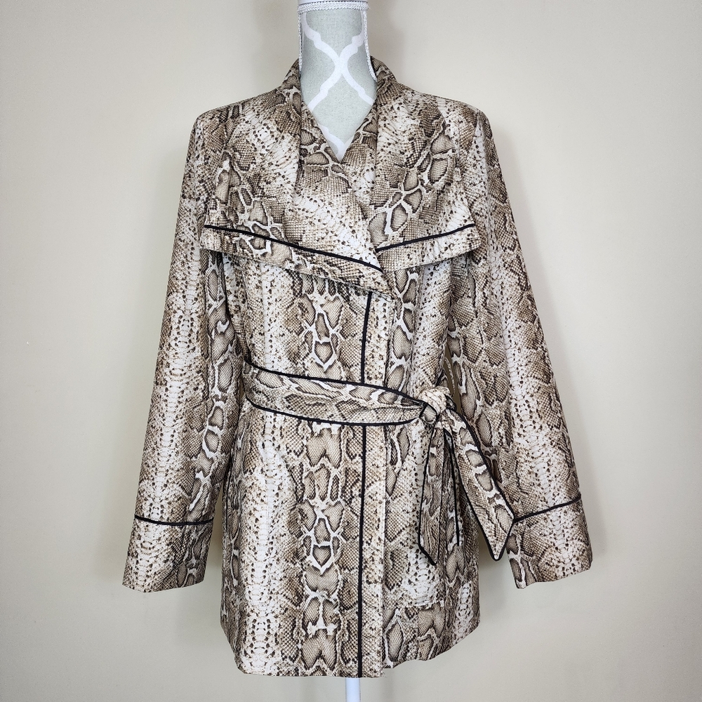 Vince Camuto Python Snakeskin Print Wrap Coat Jacket Size Large Funnel Neck